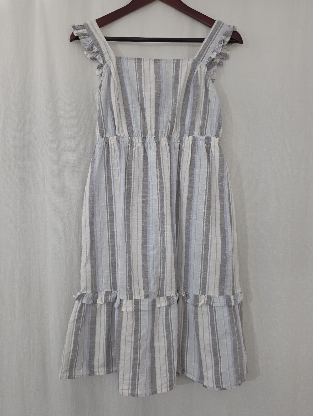 Madison Grey Square Neck Ruffle Sleeve Midi Dress in White & Blue Stripes Size M
